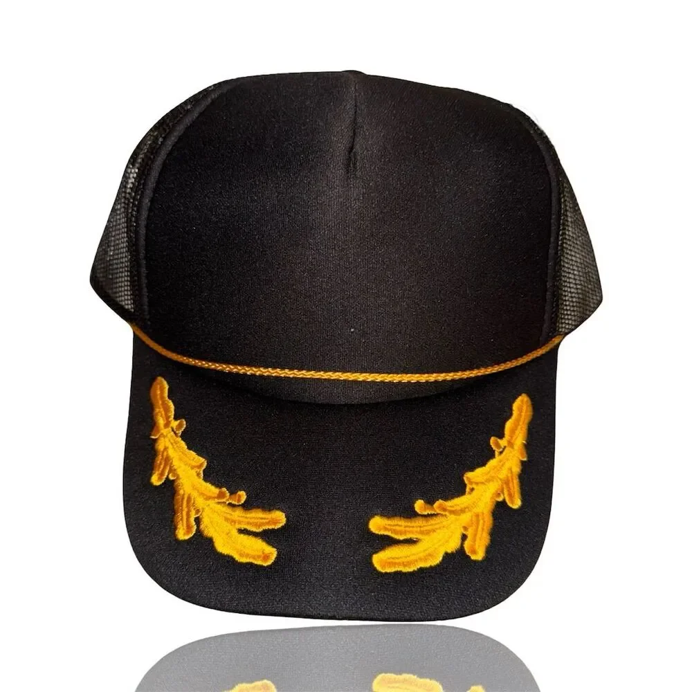 OTTO Black 5 Panel Trucker Hat Gold Leaf Embroidery Snapback Unisex - Picture 1 of 3